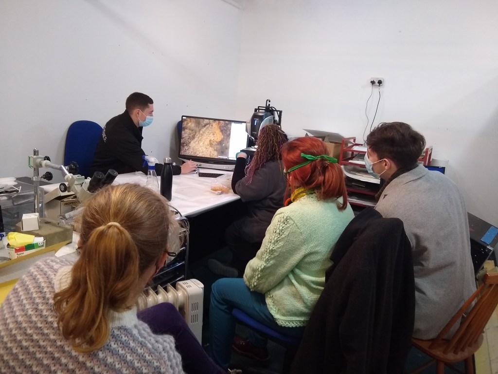 Five people around a desk computer and the Keyence microscope, looking at the monitor. On it, there is a microscopic close-up of some fibres.