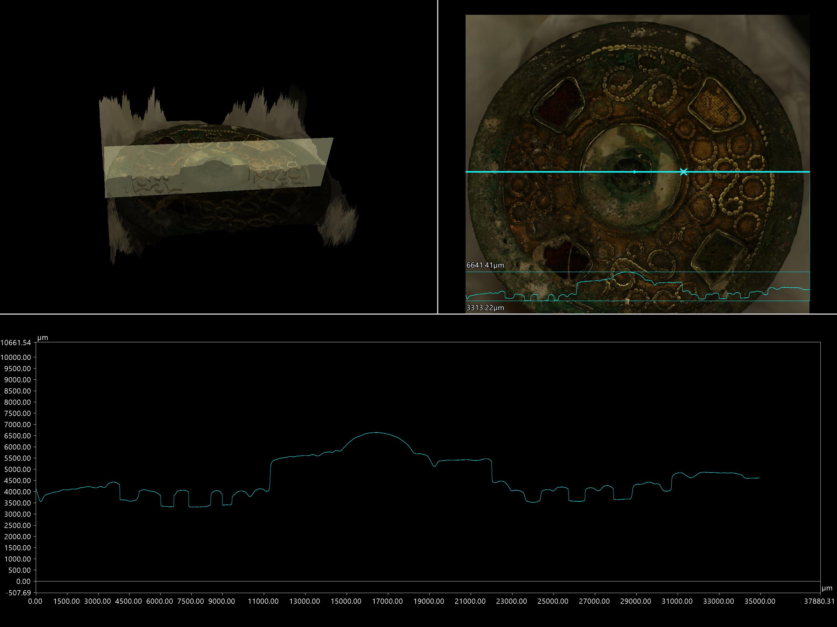 Black and white graph shows a haphazard up and down line which represents the bumps and indents of the brooch, pictured above it. It is a circular metal brooch with intricate gold swirls made up of individual bumps, and four symmetrical gemstones and one at the centre.